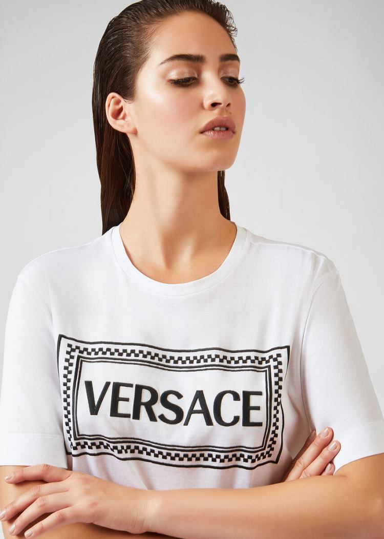 Versace 90s Vintage Logo T Shirt μπλουζακια γυναικεια ασπρα μαυρα | CQPDBDE