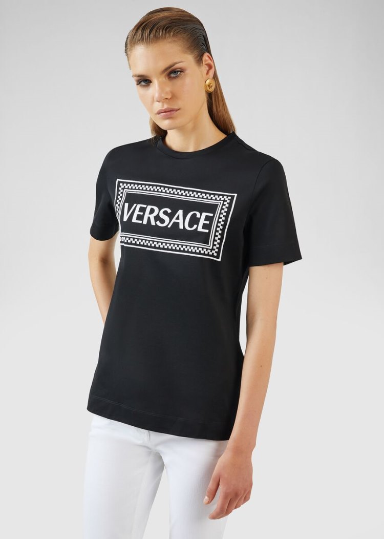 Versace 90s Vintage Logo T Shirt μπλουζακια γυναικεια μαυρα | QT4CWMP
