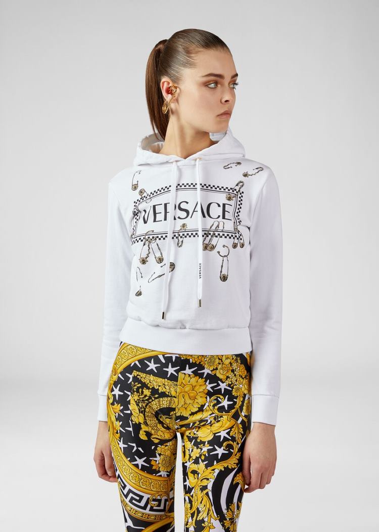 Versace 90s Vintage Logo Ασφαλείας Pin Hoodie Φούτερ γυναικεια ασπρα | WJDGNZ4