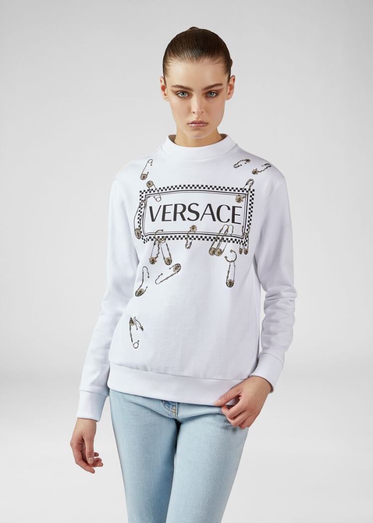 Versace 90s Vintage Logo Ασφαλείας Pin Sweatshirt Φούτερ γυναικεια ασπρα | 61O69P6