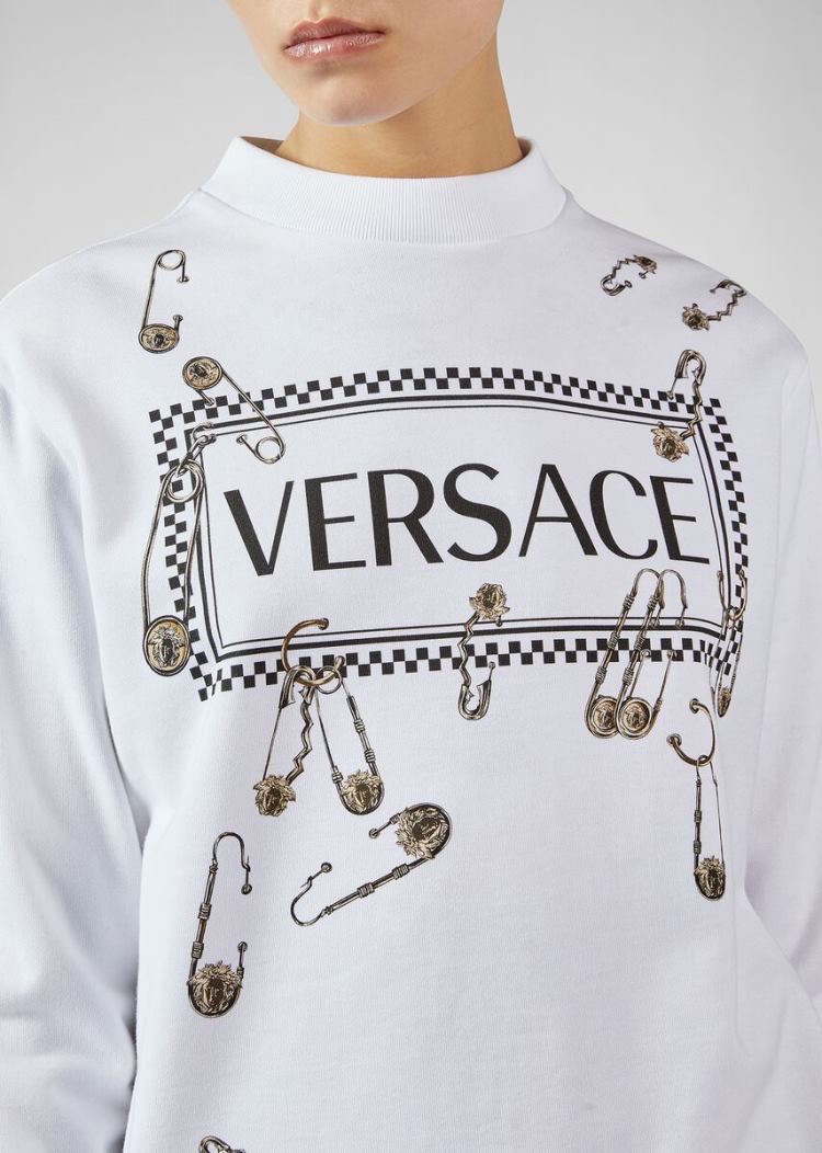 Versace 90s Vintage Logo Ασφαλείας Pin Sweatshirt Φούτερ γυναικεια ασπρα | 61O69P6