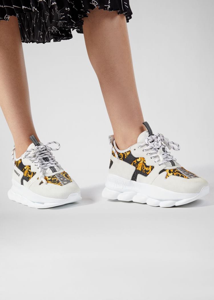 Versace Barocco Print Chain Reaction 2 Trainers αθλητικα γυναικεια ασπρα χρυσο χρωμα | PVFUU4H