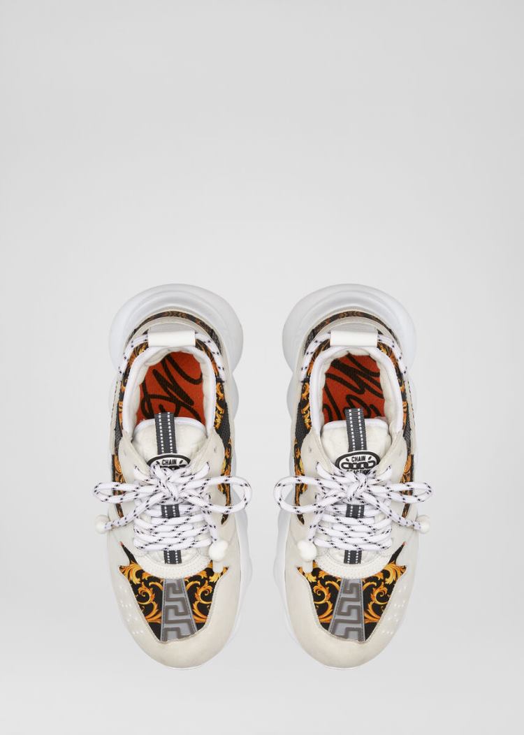 Versace Barocco Print Chain Reaction 2 Trainers αθλητικα γυναικεια ασπρα χρυσο χρωμα | PVFUU4H