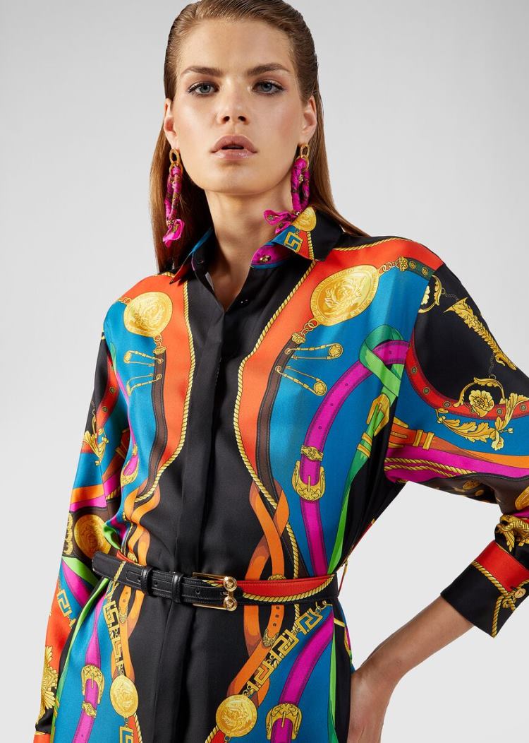 Versace Barocco Rodeo Print Silk Midi Shirt φορεμα φορεμα γυναικεια Πολύχρωμο | 7V4GPFK