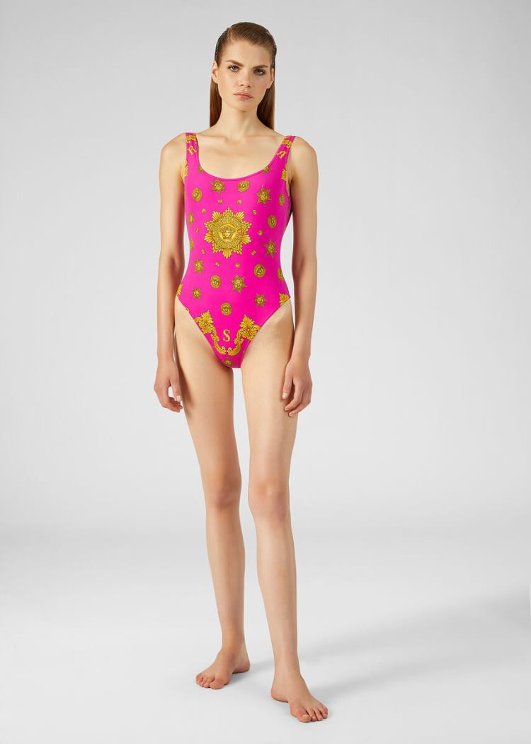 Versace Barocco Western Print One-Piece Swimsuit μαγιό γυναικεια φουξια ροζ | QY9NRRH