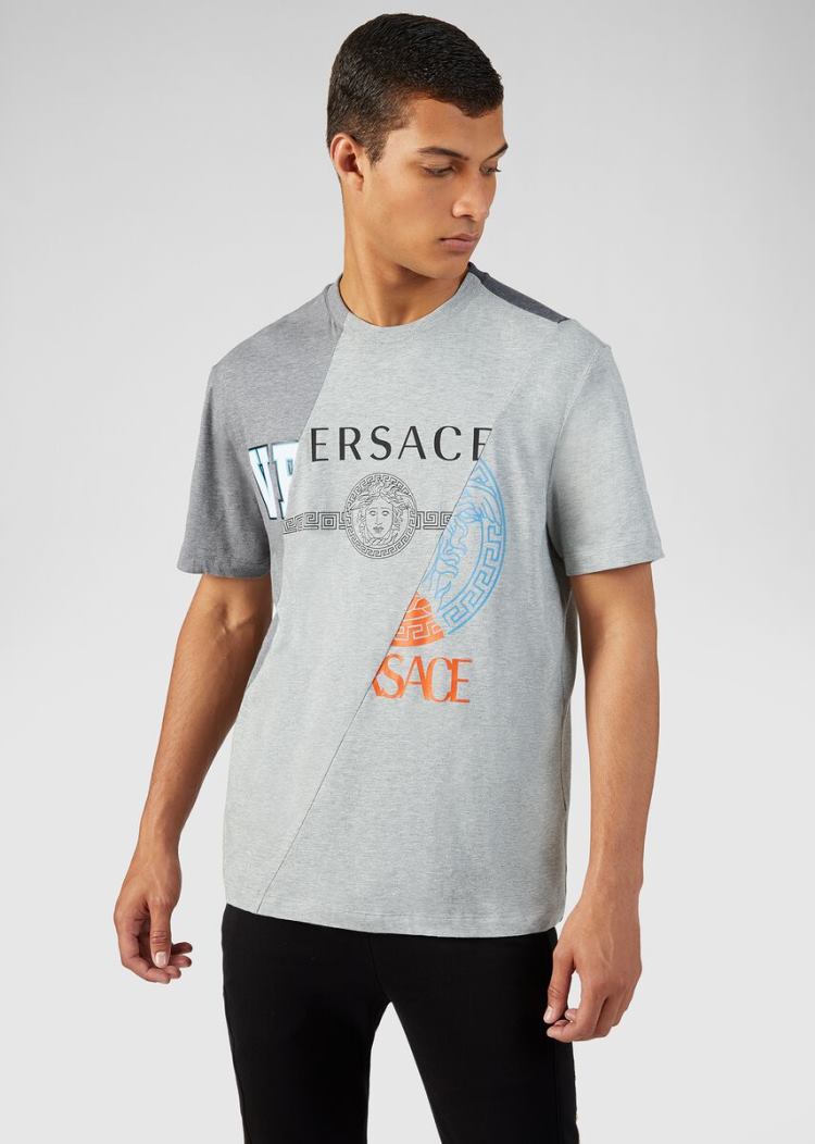 Versace Compilation Print T Shirt μπλουζακια ανδρικα γκρι | TDFK6KO