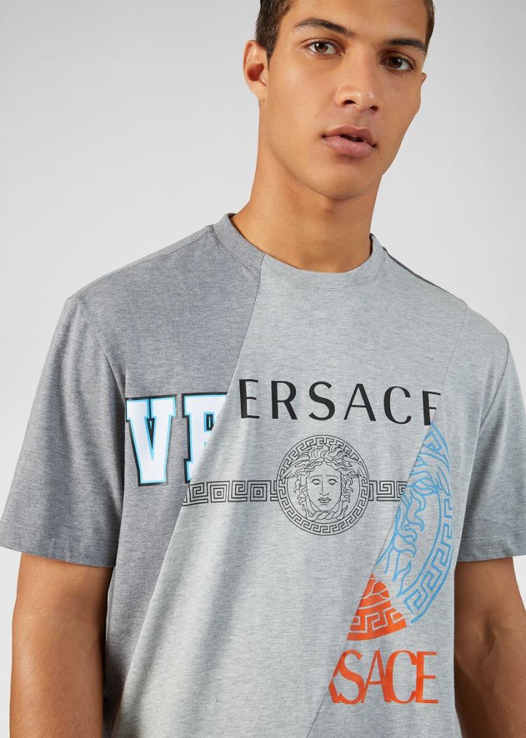 Versace Compilation Print T Shirt μπλουζακια ανδρικα γκρι | TDFK6KO