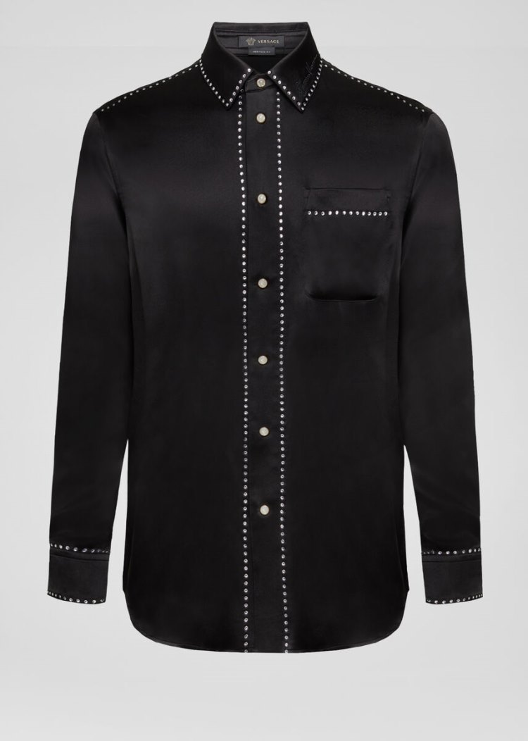 Versace Crystal-Embellished Satin Shirt πουκαμισα ανδρικα μαυρα | RYM9D4N