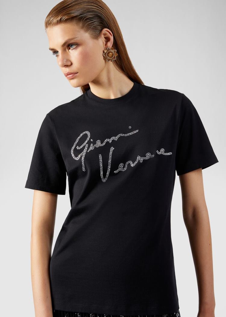Versace Crystal GV Signature T Shirt μπλουζακια γυναικεια μαυρα | Y1QE16G