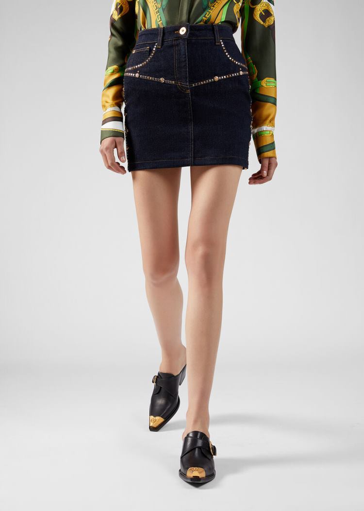 Versace Denim Embellished Denim Mini Skirt φουστεσ γυναικεια μπλε | F1AXG8O
