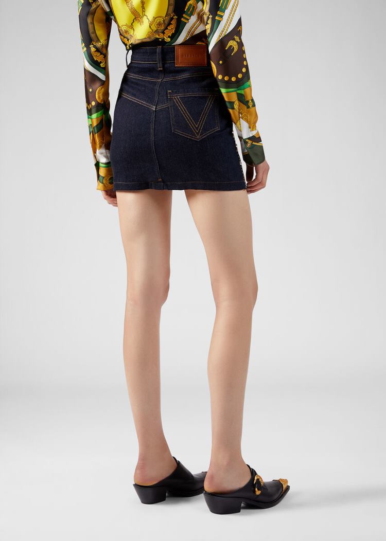 Versace Denim Embellished Denim Mini Skirt φουστεσ γυναικεια μπλε | F1AXG8O