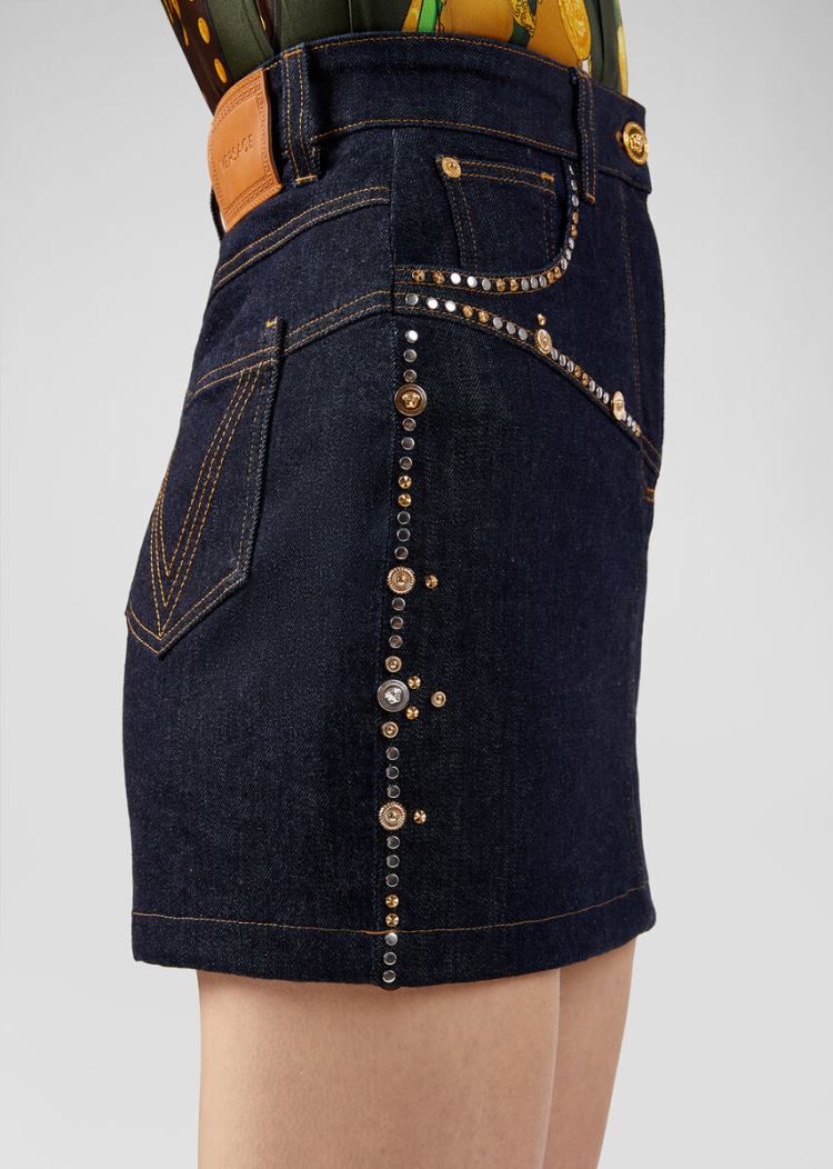 Versace Denim Embellished Denim Mini Skirt φουστεσ γυναικεια μπλε | F1AXG8O