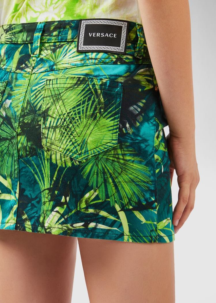 Versace Denim Jungle Print Denim Skirt φουστεσ γυναικεια Πολύχρωμο | 265PTL4