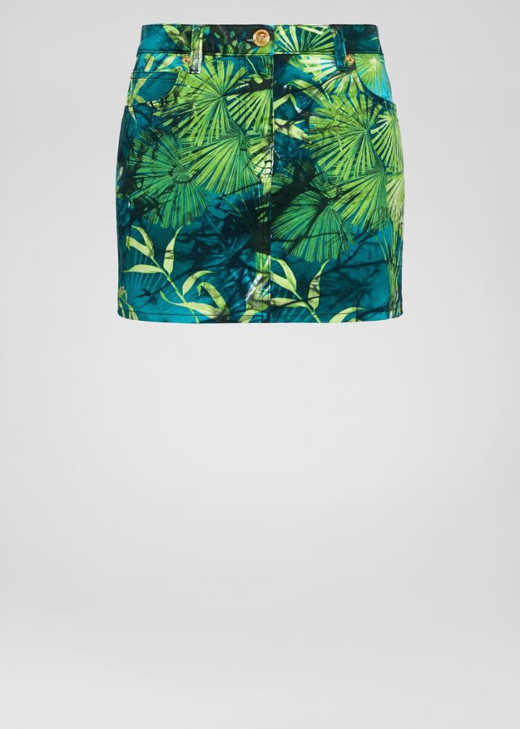 Versace Denim Jungle Print Denim Skirt φουστεσ γυναικεια Πολύχρωμο | 265PTL4