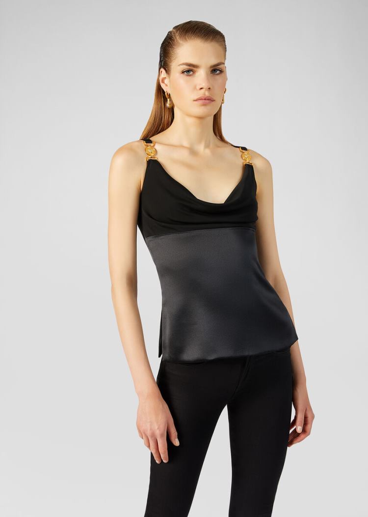Versace Draped Silk Satin Top Αριστος γυναικεια μαυρα | CKL8QRB