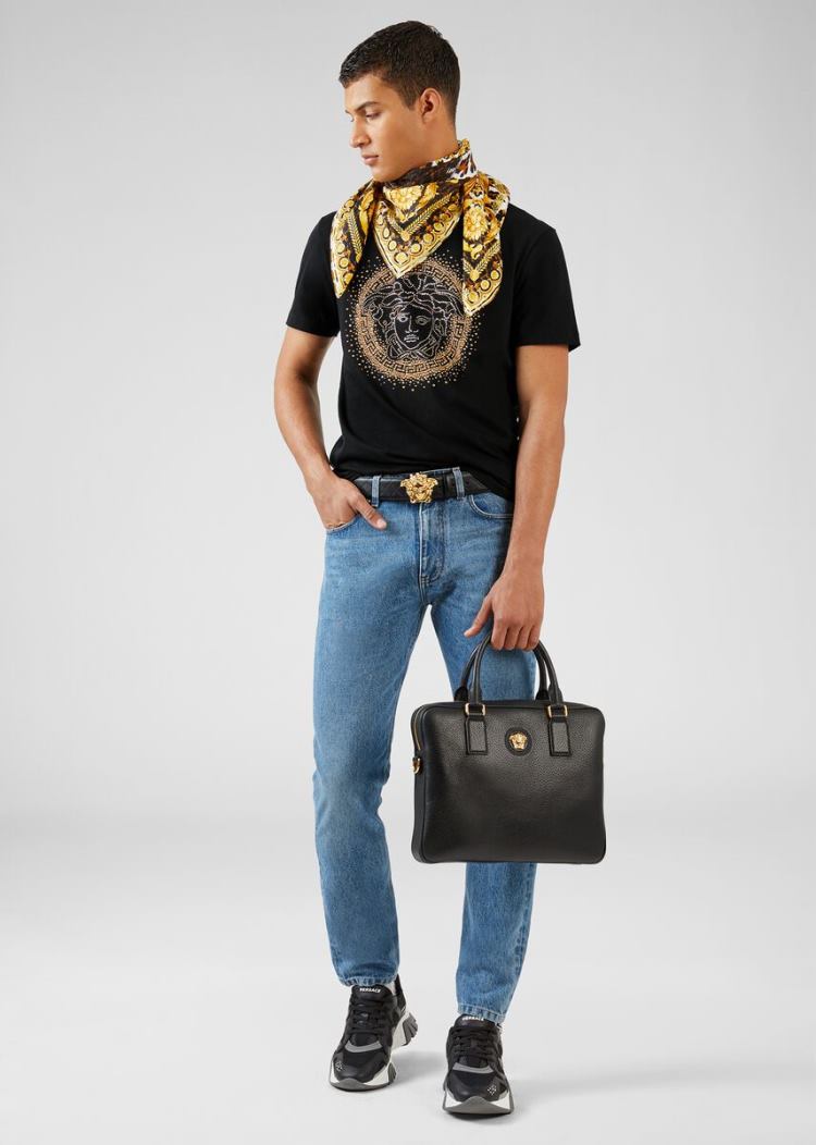 Versace Embellished Medusa Logo T Shirt μπλουζακια ανδρικα μαυρα | AQZHVGZ