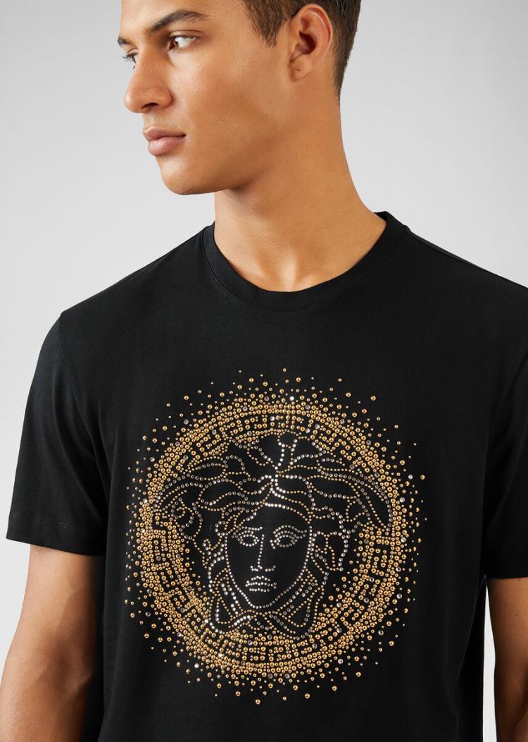 Versace Embellished Medusa Logo T Shirt μπλουζακια ανδρικα μαυρα | AQZHVGZ