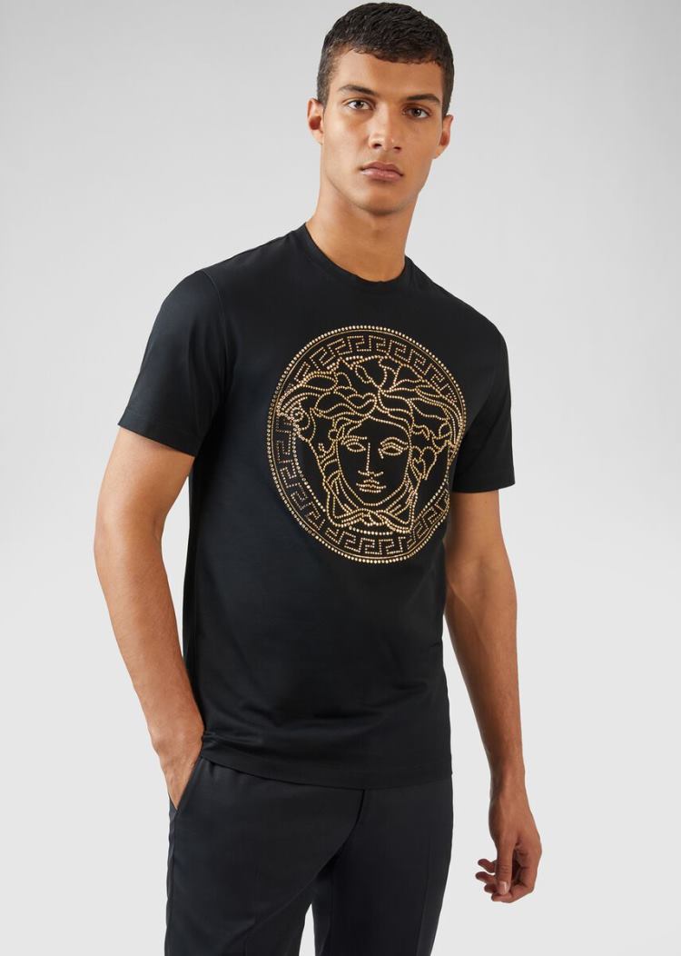 Versace Embellished Medusa Logo T Shirt μπλουζακια ανδρικα μαυρα | Z95KT1U