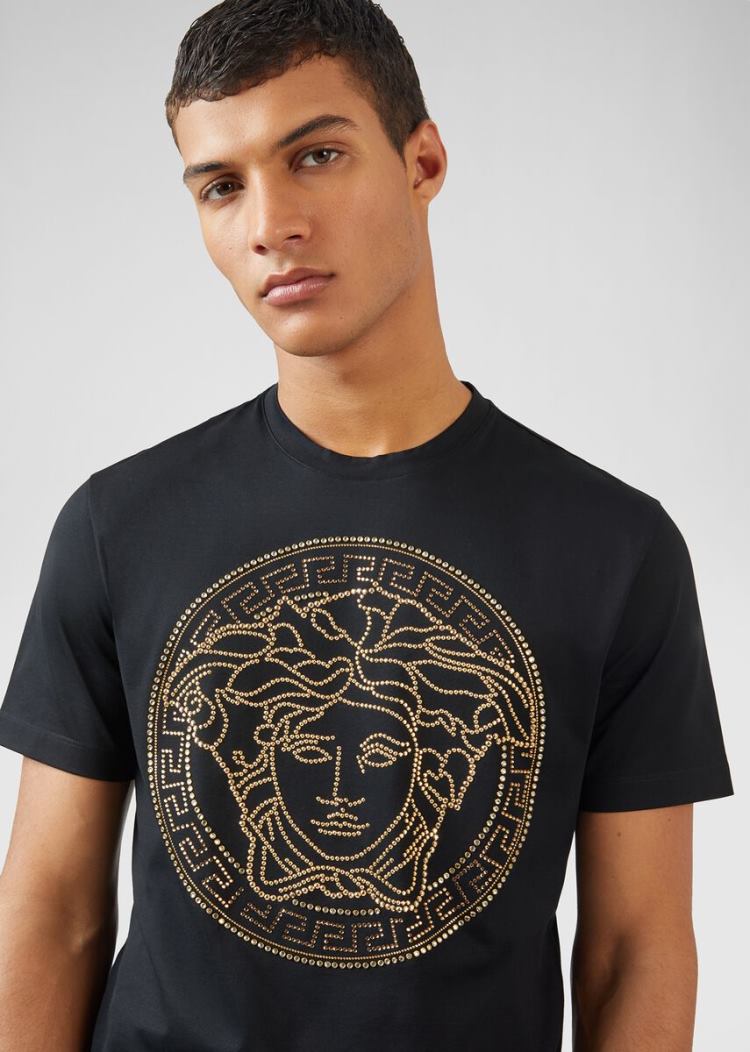 Versace Embellished Medusa Logo T Shirt μπλουζακια ανδρικα μαυρα | Z95KT1U