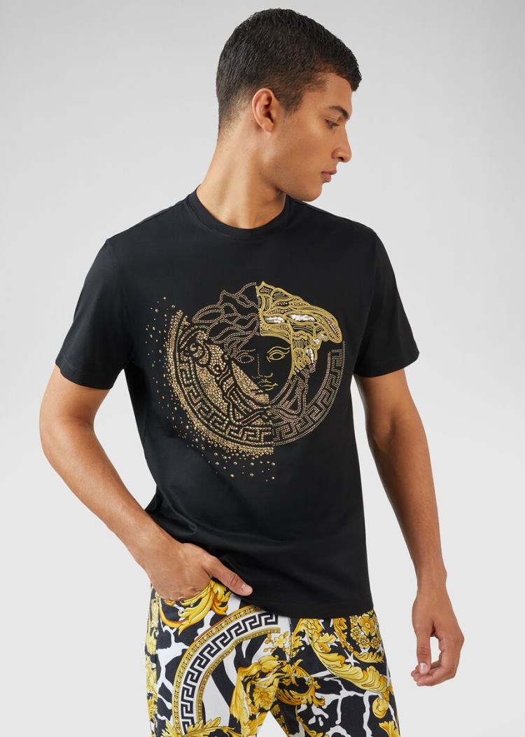 Versace Embroidered Crystal Medusa T Shirt μπλουζακια ανδρικα μαυρα | QH6XMB6