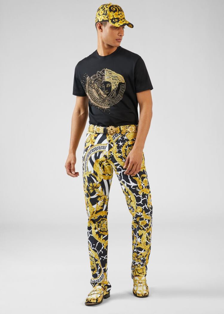 Versace Embroidered Crystal Medusa T Shirt μπλουζακια ανδρικα μαυρα | QH6XMB6