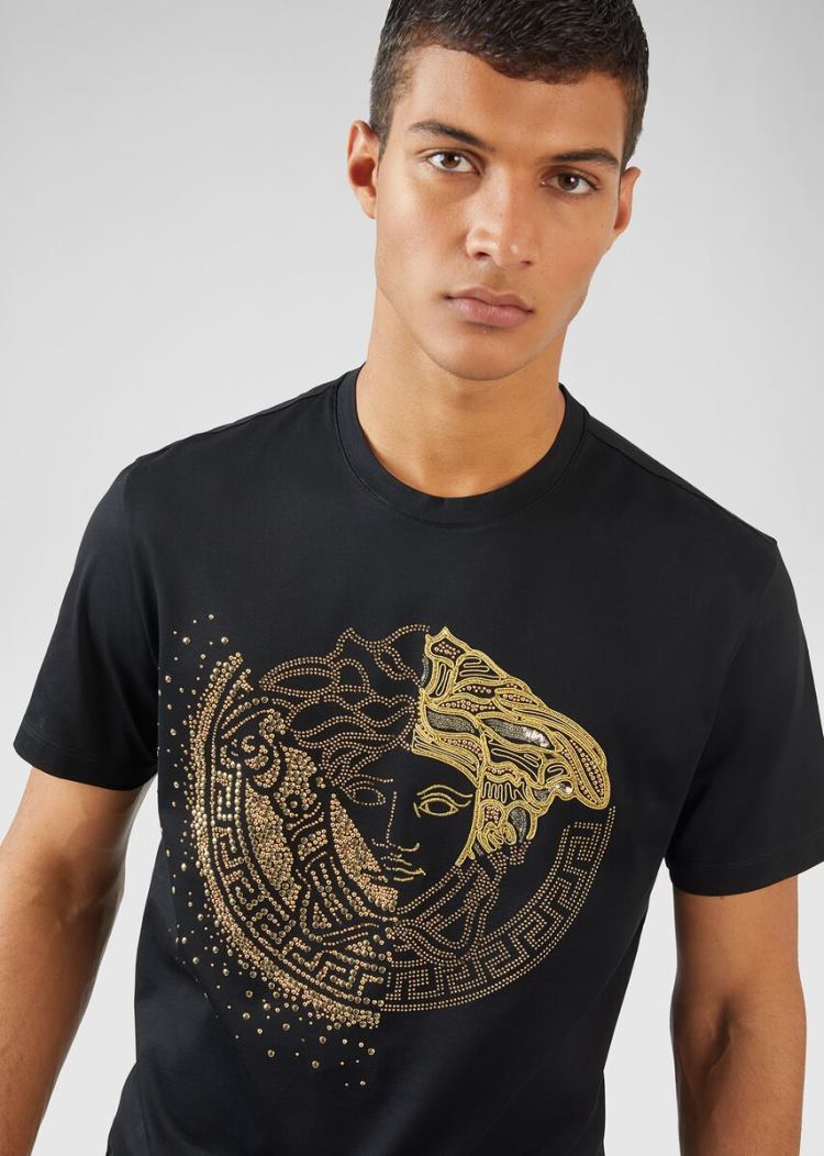 Versace Embroidered Crystal Medusa T Shirt μπλουζακια ανδρικα μαυρα | QH6XMB6