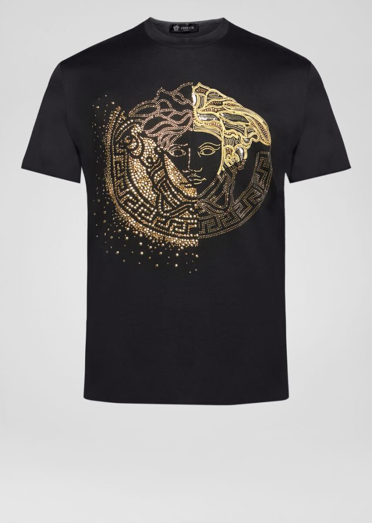 Versace Embroidered Crystal Medusa T Shirt μπλουζακια ανδρικα μαυρα | QH6XMB6