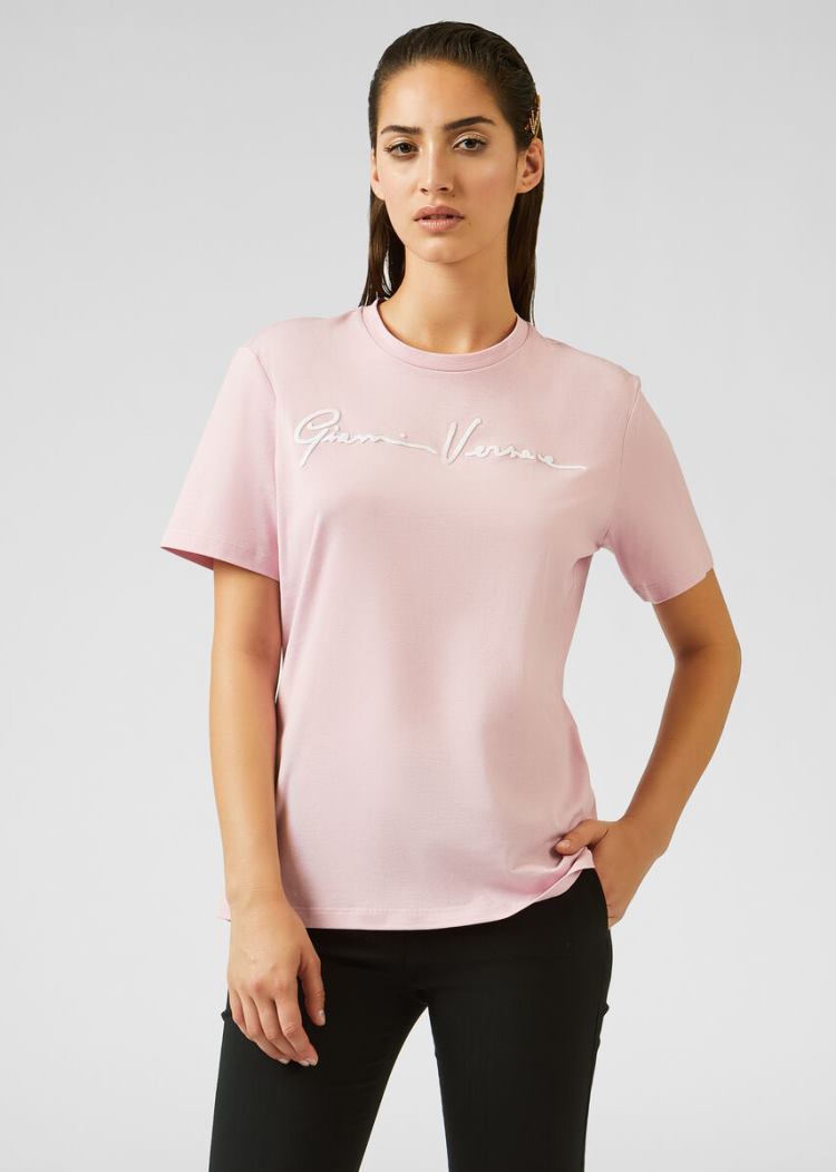 Versace Embroidered GV Signature T Shirt μπλουζακια γυναικεια ροζ | DS06RF8