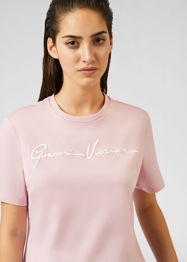 Versace Embroidered GV Signature T Shirt μπλουζακια γυναικεια ροζ | DS06RF8