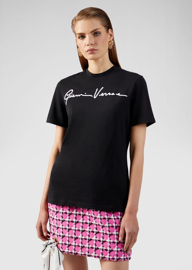 Versace Embroidered GV Signature T Shirt μπλουζακια γυναικεια μαυρα | K9RA0M0