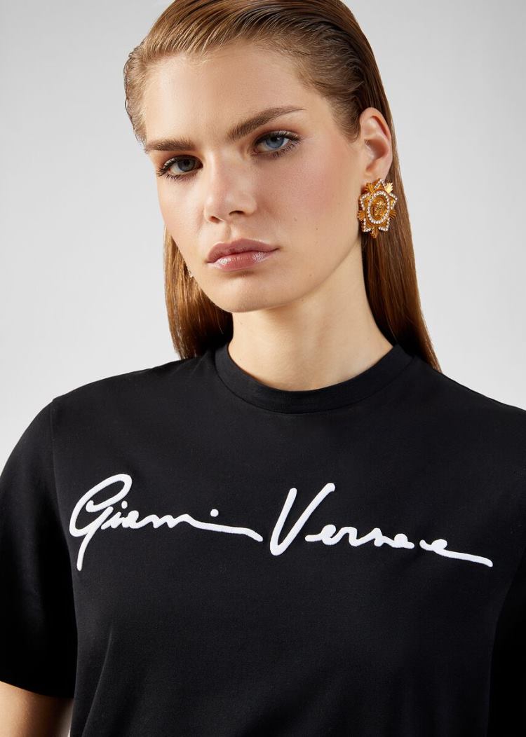 Versace Embroidered GV Signature T Shirt μπλουζακια γυναικεια μαυρα | K9RA0M0
