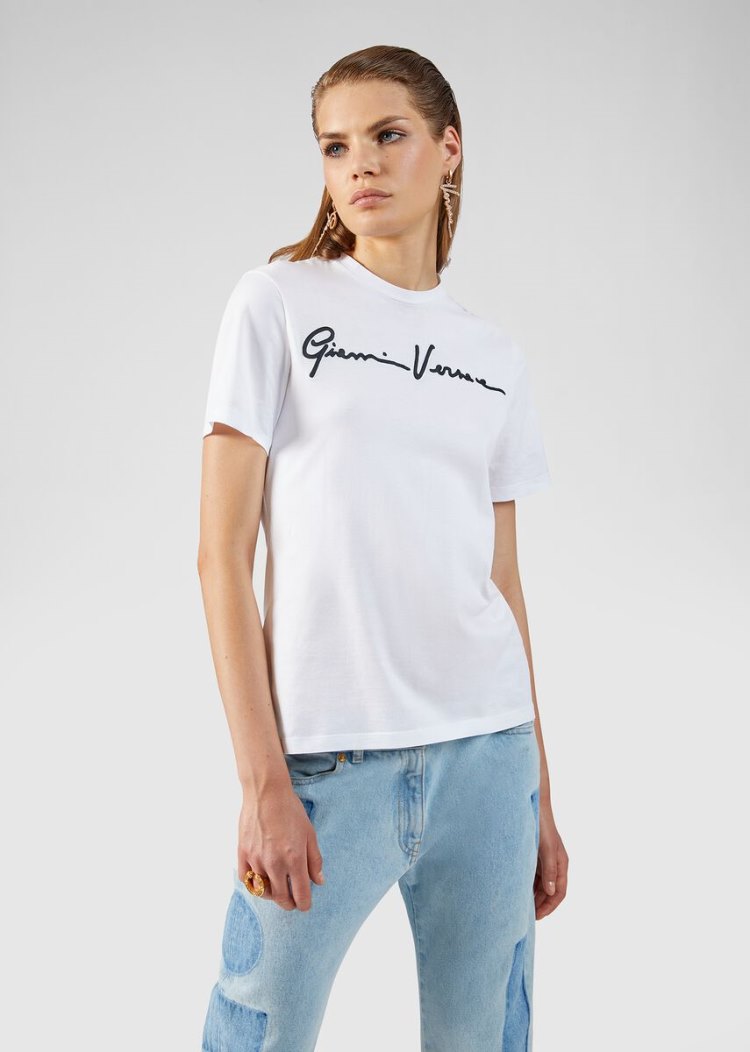 Versace Embroidered GV Signature T Shirt μπλουζακια γυναικεια ασπρα μαυρα | L8MXDZC