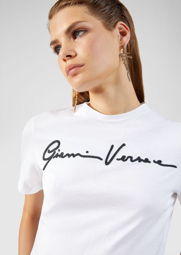 Versace Embroidered GV Signature T Shirt μπλουζακια γυναικεια ασπρα μαυρα | L8MXDZC