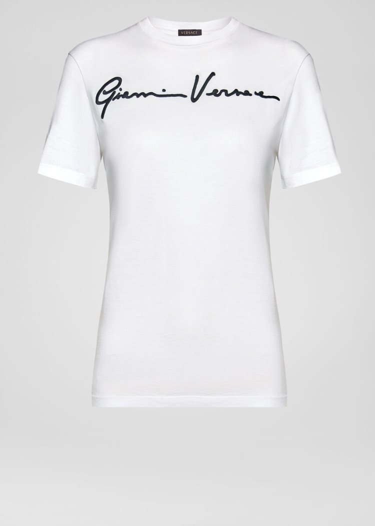 Versace Embroidered GV Signature T Shirt μπλουζακια γυναικεια ασπρα μαυρα | L8MXDZC