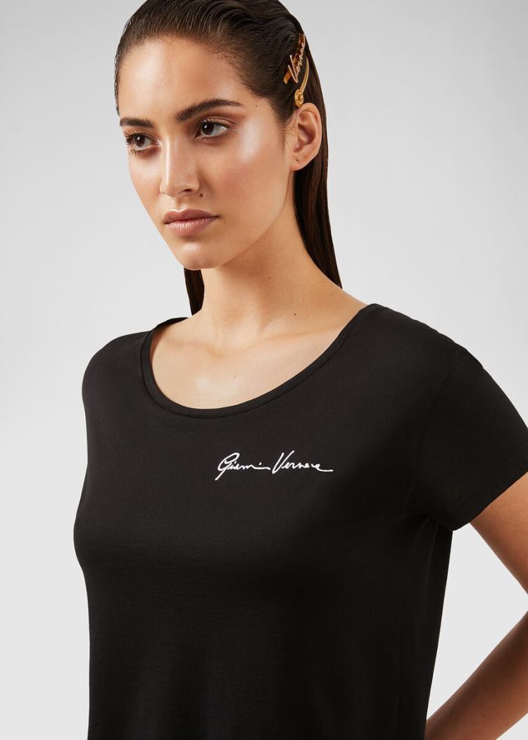 Versace Embroidered GV Signature T Shirt μπλουζακια γυναικεια μαυρα | OE1YA5R