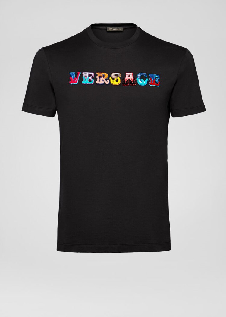 Versace Embroidered Logo T Shirt μπλουζακια ανδρικα μαυρα | 8H8KXP2