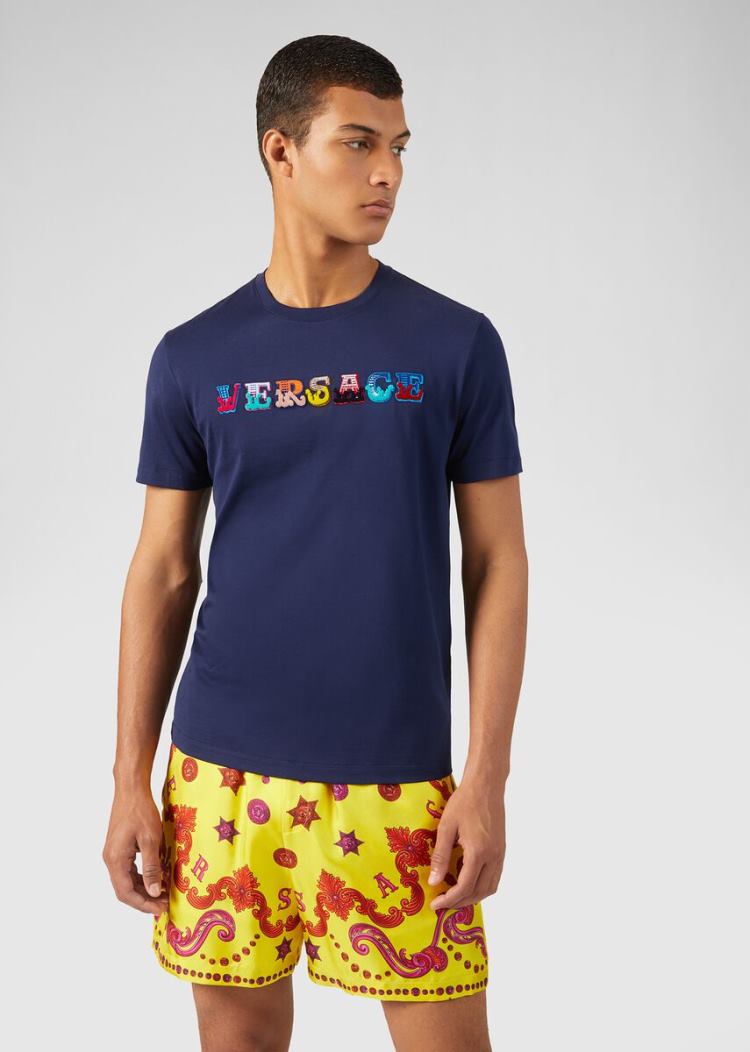 Versace Embroidered Logo T Shirt μπλουζακια ανδρικα μπλε | DOWV7G7