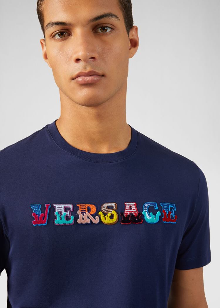 Versace Embroidered Logo T Shirt μπλουζακια ανδρικα μπλε | DOWV7G7