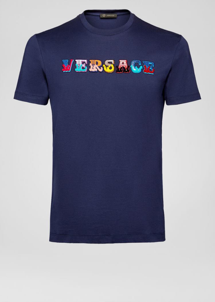 Versace Embroidered Logo T Shirt μπλουζακια ανδρικα μπλε | DOWV7G7