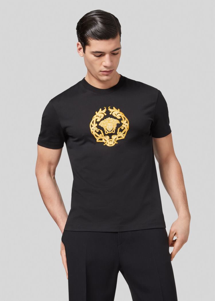Versace Embroidered Medusa Crest Motif T Shirt μπλουζακια ανδρικα μαυρα | A6176VO