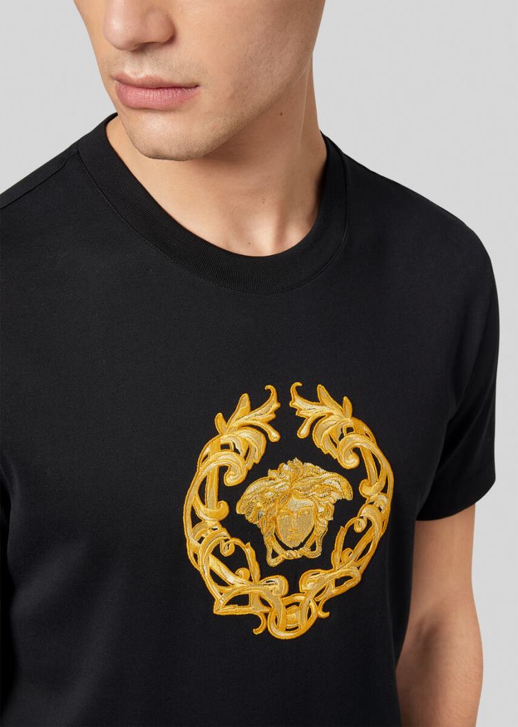 Versace Embroidered Medusa Crest Motif T Shirt μπλουζακια ανδρικα μαυρα | A6176VO