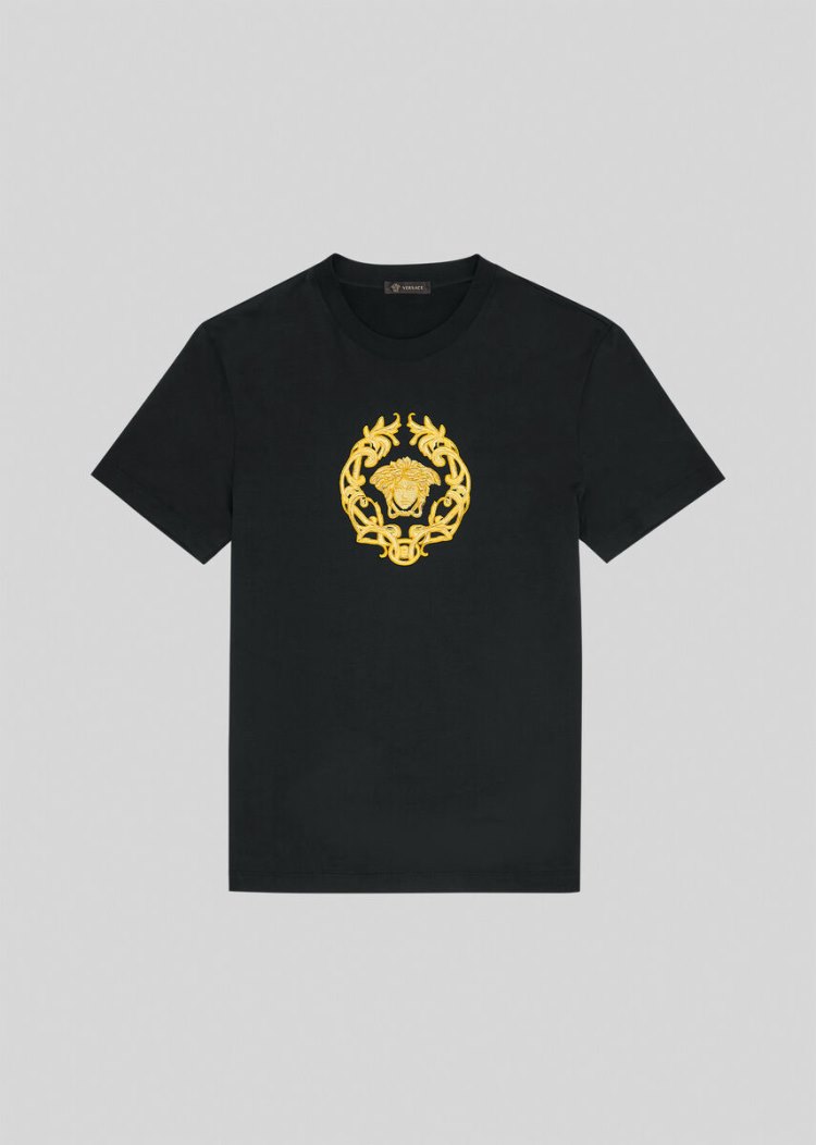 Versace Embroidered Medusa Crest Motif T Shirt μπλουζακια ανδρικα μαυρα | A6176VO