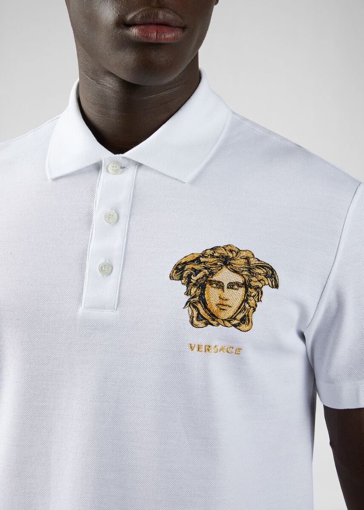 Versace Embroidered Medusa Polo Shirt μπλουζακια πολο ανδρικα ασπρα | I2HF4OZ