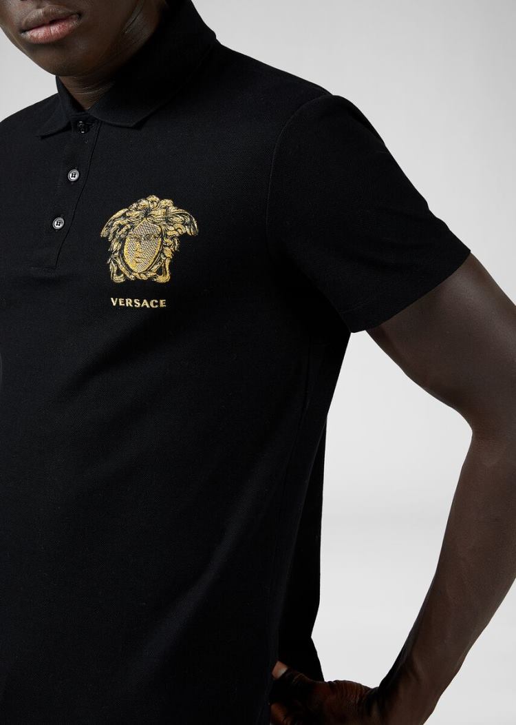 Versace Embroidered Medusa Polo Shirt μπλουζακια πολο ανδρικα μαυρα | XJ7RXVN