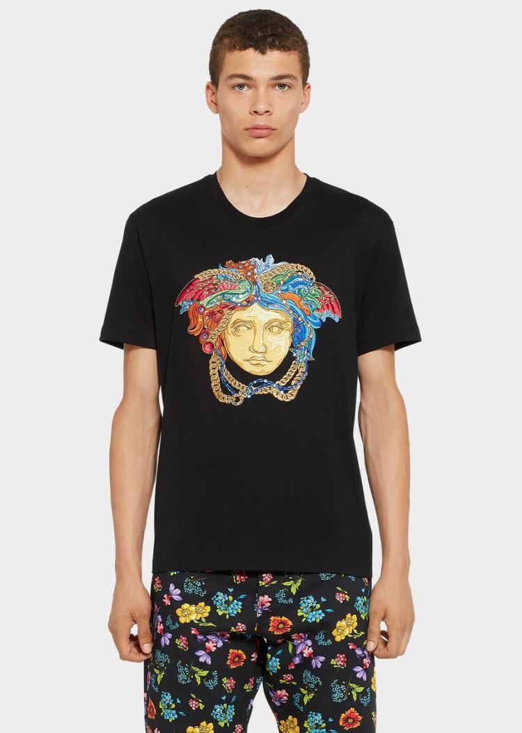 Versace Embroidered Medusa Slim Fit T Shirt μπλουζακια ανδρικα μαυρα | WHEC6AP