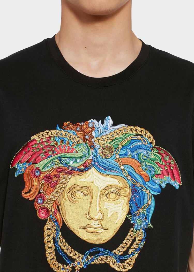 Versace Embroidered Medusa Slim Fit T Shirt μπλουζακια ανδρικα μαυρα | WHEC6AP