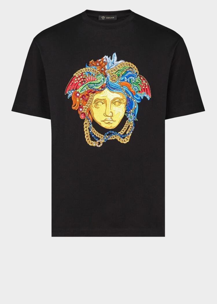 Versace Embroidered Medusa Slim Fit T Shirt μπλουζακια ανδρικα μαυρα | WHEC6AP