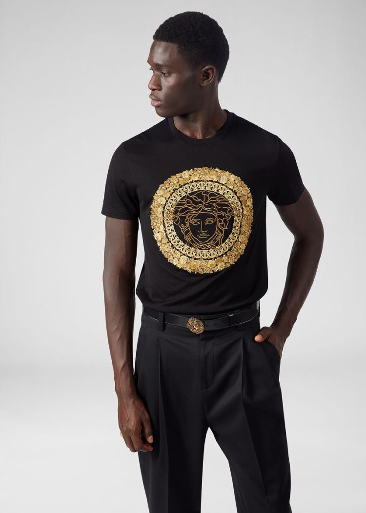 Versace Embroidered Medusa T Shirt μπλουζακια ανδρικα μαυρα | 4YYI3DH