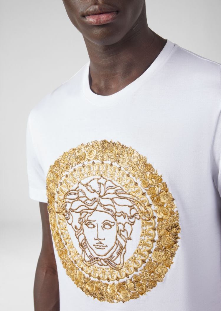 Versace Embroidered Medusa T Shirt μπλουζακια ανδρικα ασπρα | FOXMO9X