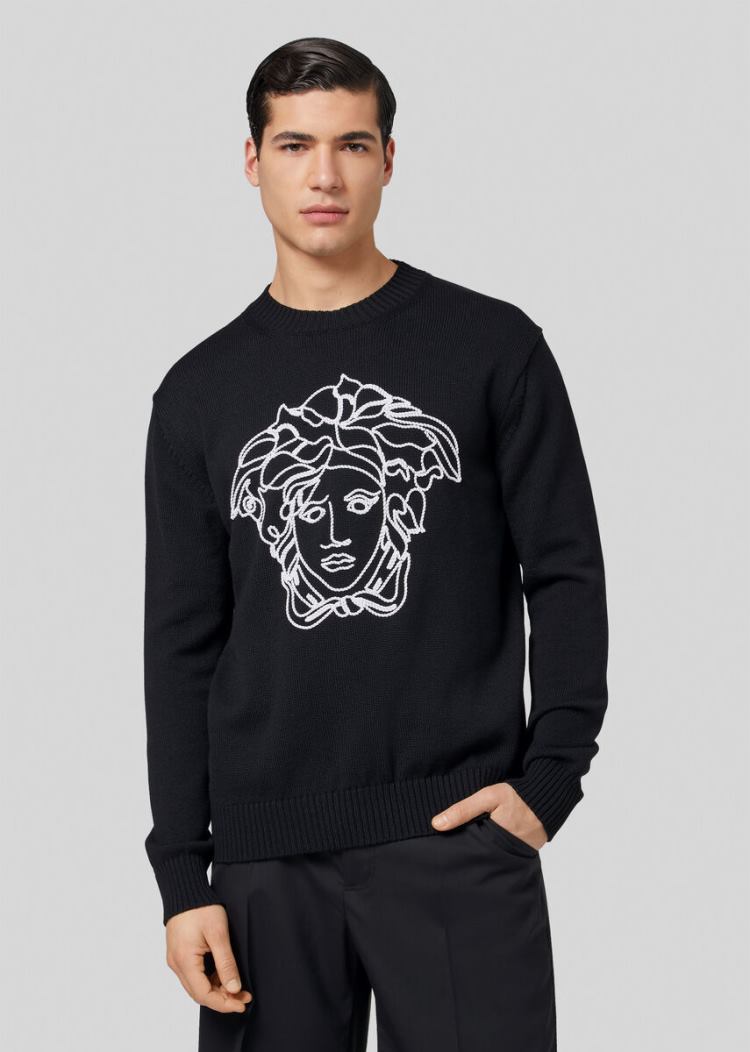 Versace Embroidered Medusa Wool πουλοβερ Πουλόβερ ανδρικα μαυρα | LX4OJ2B